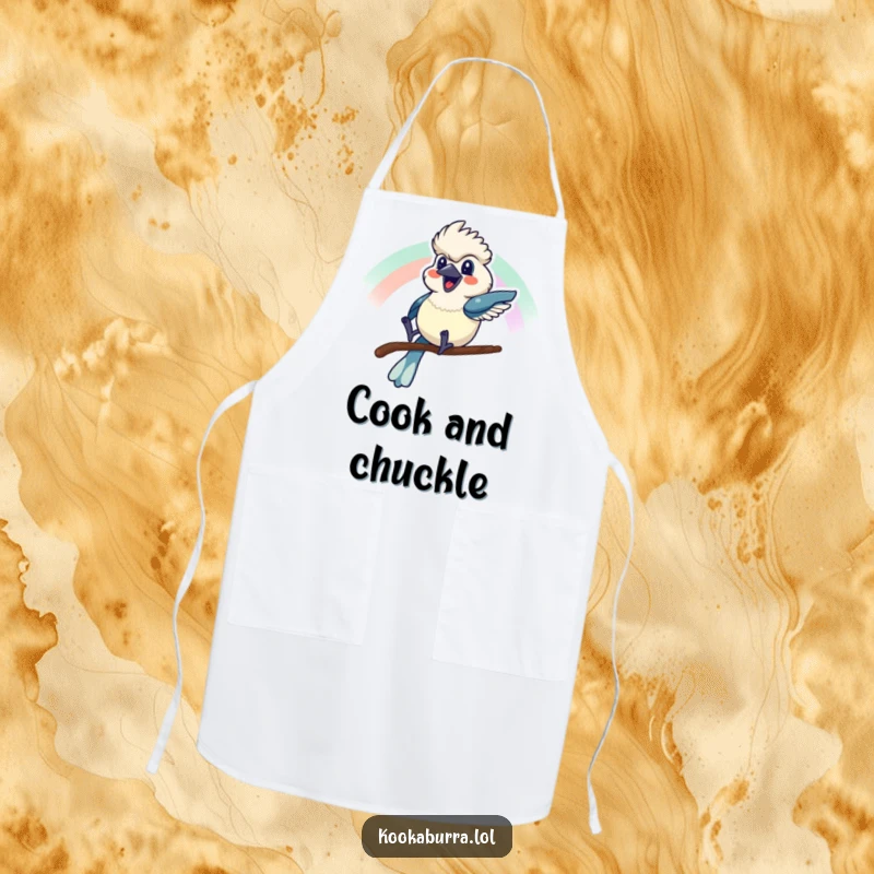 Funny apron with a kookaburra sliding down a rainbow with a cheerful grin, perfect for adding humor to cooking.