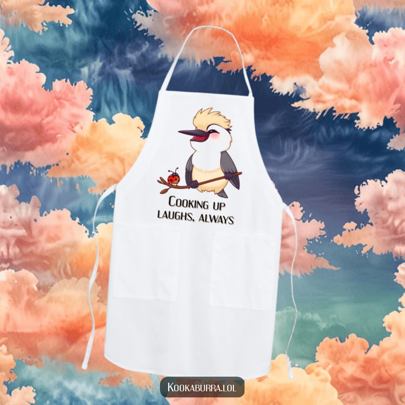 Funny Kookaburra and Ladybug Apron: Kitchen wear featuring a kookaburra and ladybug sharing a hilarious laugh, ideal for chefs who love humor.