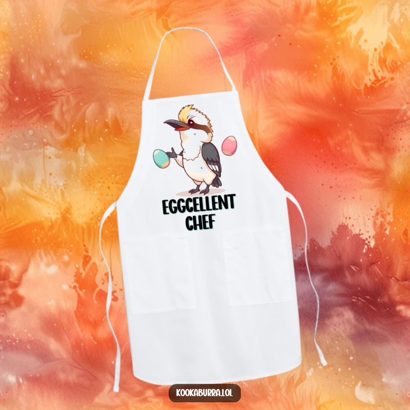 Funny apron with a kawaii kookaburra hilariously juggling oversized, wobbly eggs, ready for kitchen adventures.