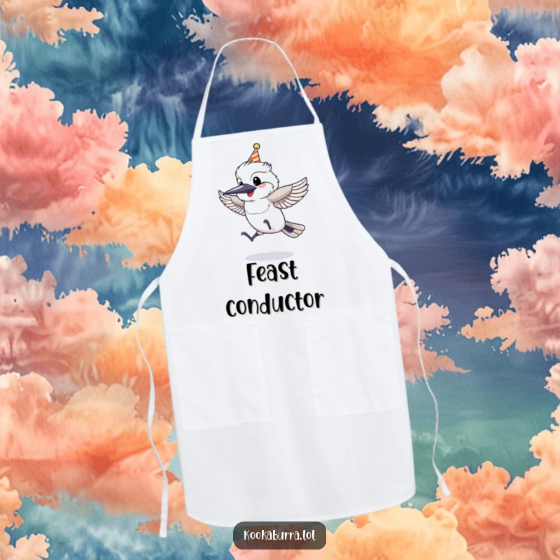 Funny Apron featuring a kookaburra wearing a party hat, leaping with joy, perfect for a festive cooking experience.
