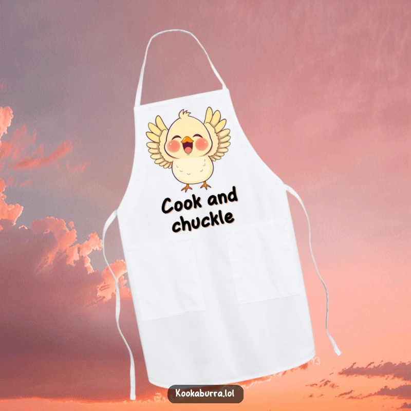 Funny apron showcasing a chubby bird laughing heartily with its wings outstretched, perfect for a joyful and messy cooking experience.