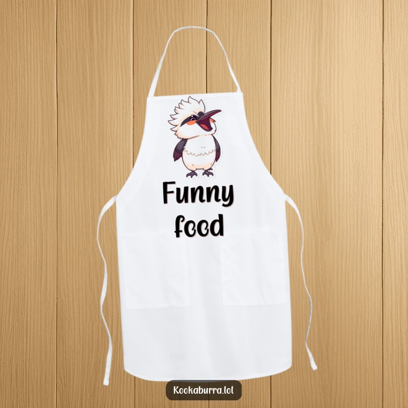 Funny kawaii kookaburra captured mid-laugh, head thrown back, on a cute and functional kitchen apron.