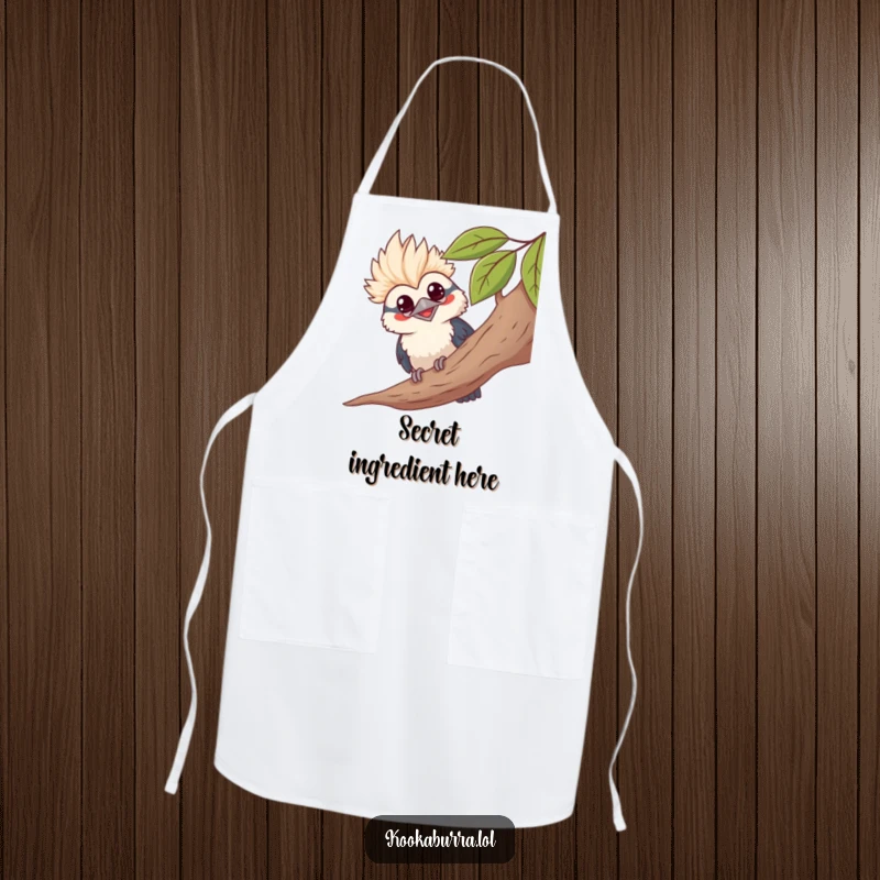 Funny kawaii kookaburra apron, peeking from leaves, grinning, cute bird graphic, humorous cooking wear.