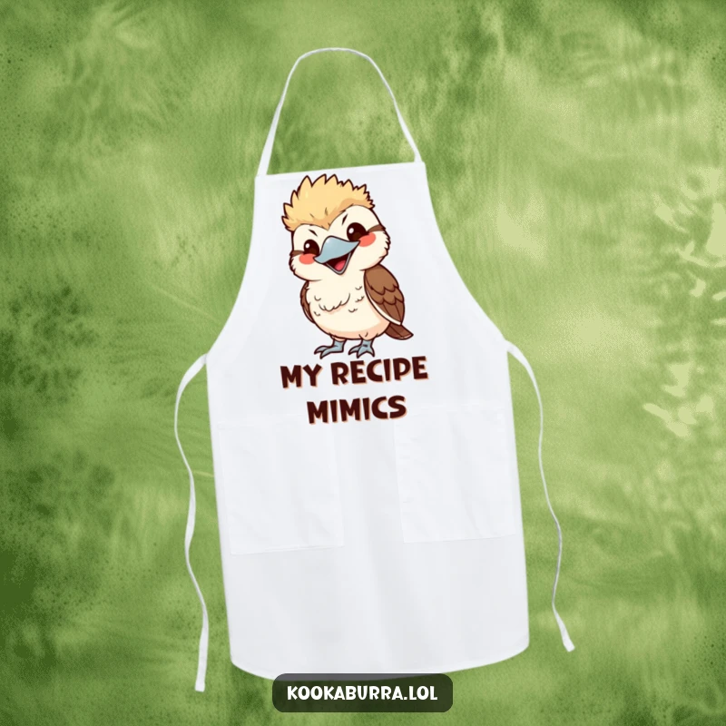 Funny kawaii kookaburra apron, mimicking with exaggerated smile, cute bird graphic, humorous cooking wear.