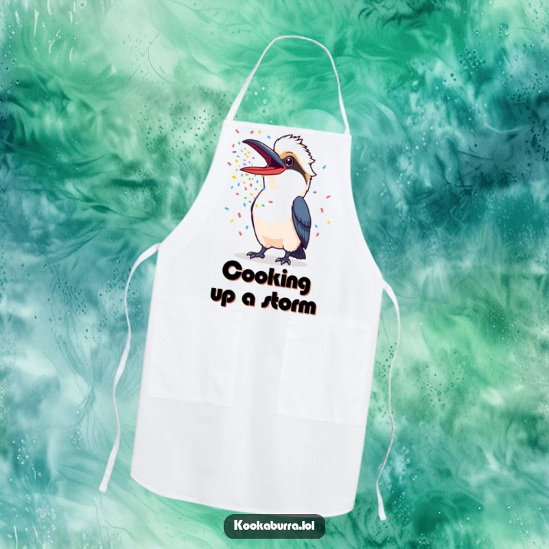Funny Kookaburra Apron showing a kookaburra with beak wide open, releasing a cascade of colorful confetti, perfect for festive cooking.