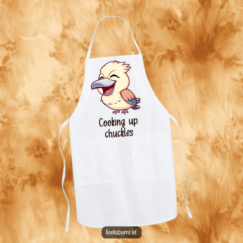 Funny kookaburra apron showing a bird with its beak wide open in a hearty laugh, ideal for kitchen fun and cooking.