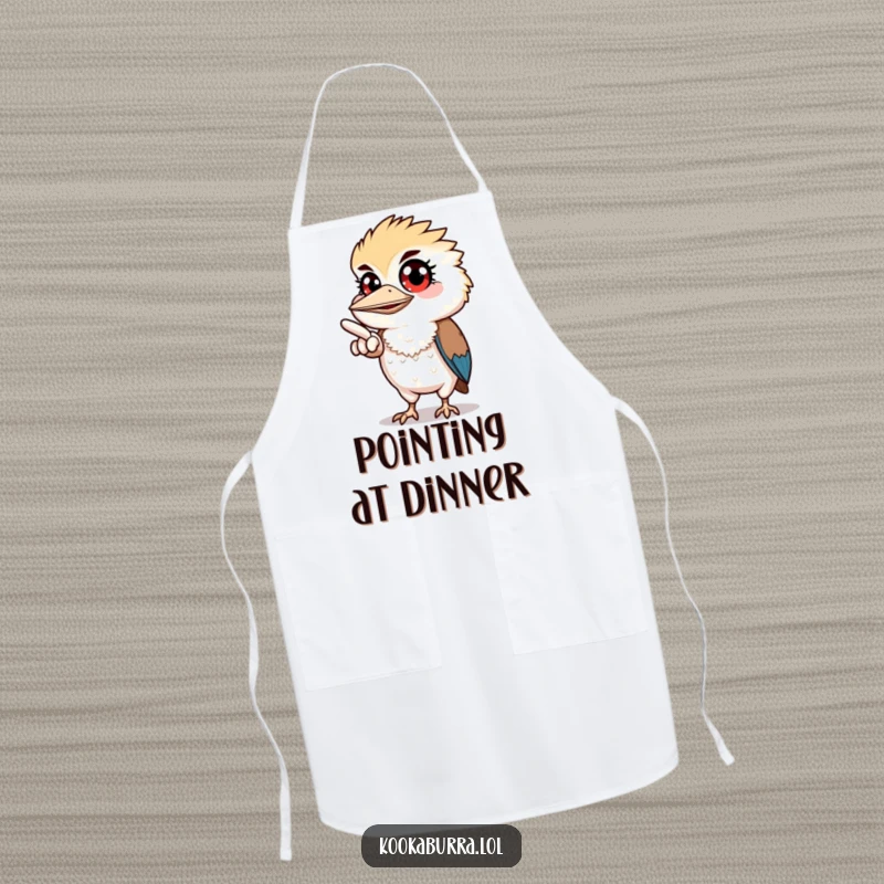 Funny apron with a kookaburra sporting wide eyes and pointing off-screen, perfect for culinary curiosity.
