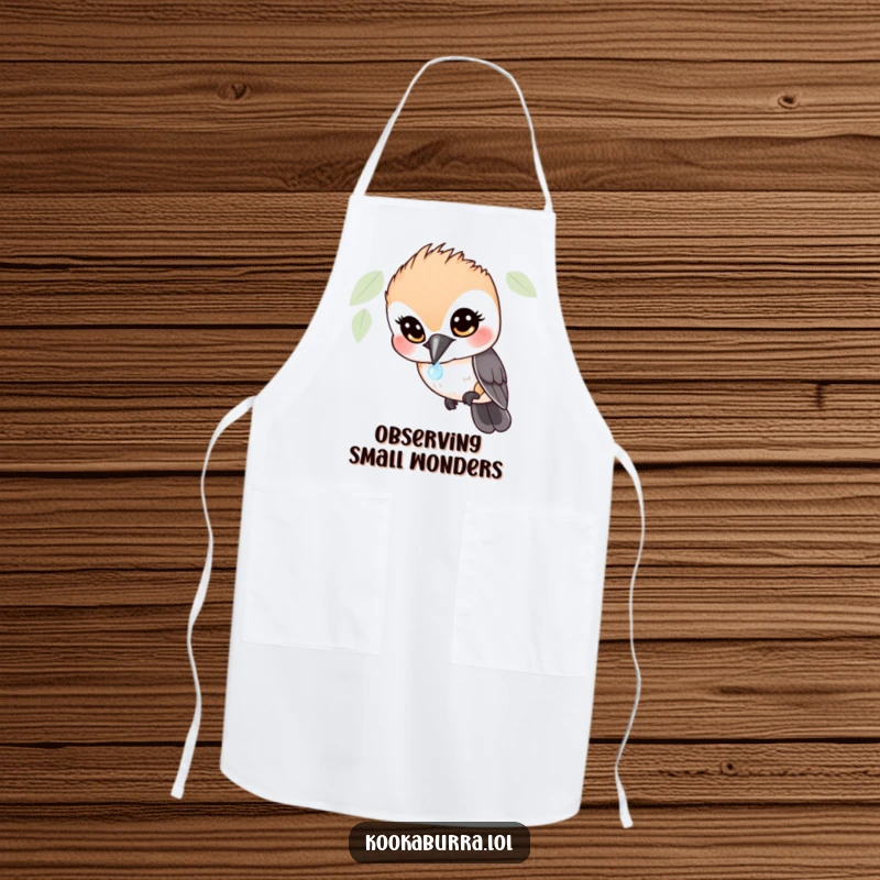 Funny Kookaburra Apron: Kitchen wear featuring a wide-eyed bird in hilarious fascination with a sparkling dewdrop, ideal for foodies.