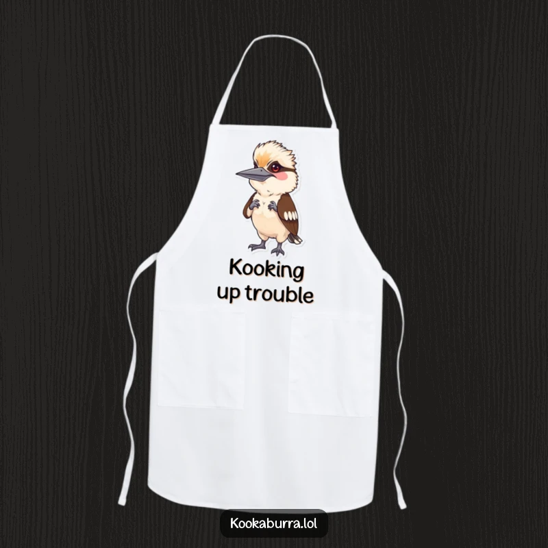 Funny kookaburra character doing a silly human pose, featured on a kitchen apron, designed to add humor to cooking.