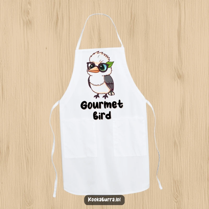 Funny kookaburra comically wearing a leaf as a monocle, a dapper and humorous apron for cooking.