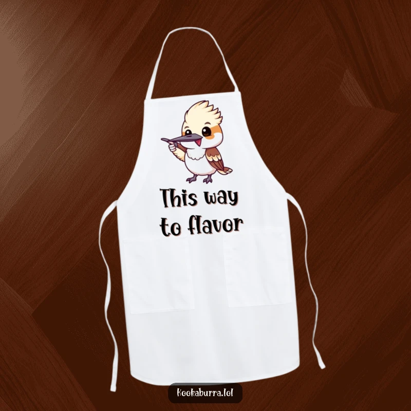 Funny kookaburra excitedly pointing with its wing, a humorous and practical apron for cooking.