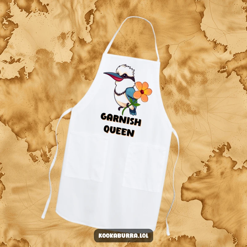 Funny Apron featuring a smiling kookaburra offering a colorful flower, perfect for spreading kindness while cooking.
