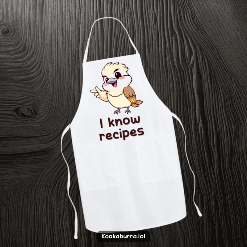 Funny apron with a kawaii kookaburra gleefully pointing with a mischievous grin, ready for kitchen fun.