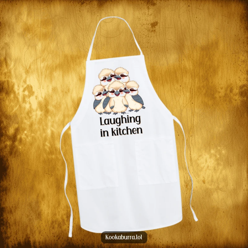 Funny kawaii kookaburra apron featuring a group of smiling, giggling birds huddled together, ideal for humorous and practical kitchen use.