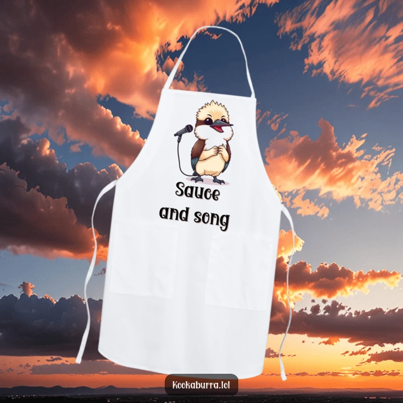 Funny kookaburra apron showing a small bird holding a microphone and singing happily, perfect for kitchen performances.