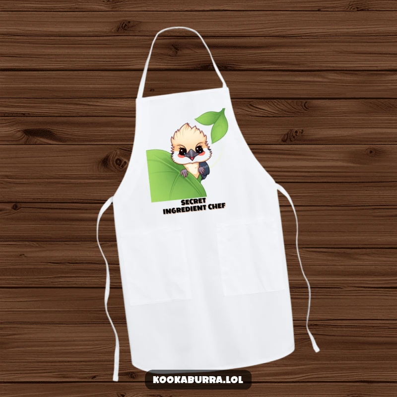 Funny Kawaii Kookaburra apron, a cute bird peeking from behind a leaf, bringing playful charm to the kitchen. A fun funny gift.