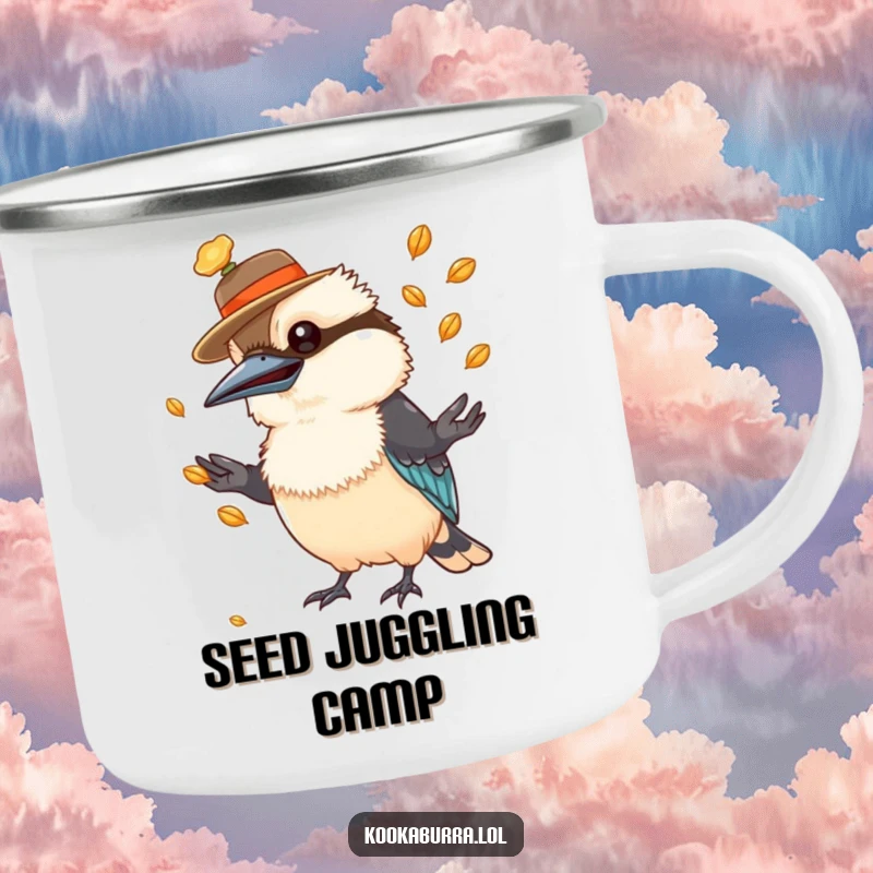 Funny kookaburra camping mug with a hat, juggling seeds, durable and amusing for outdoor adventures.