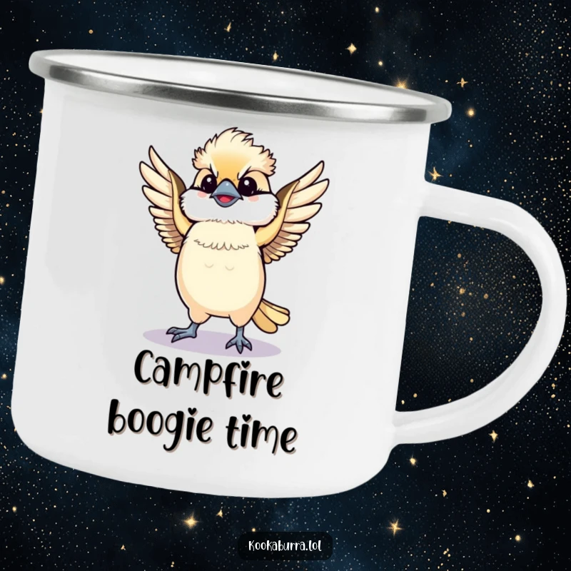 Funny Kawaii Kookaburra camping mug, a cute bird dancing with spread wings, bringing joy to outdoor moments. A great funny gift.