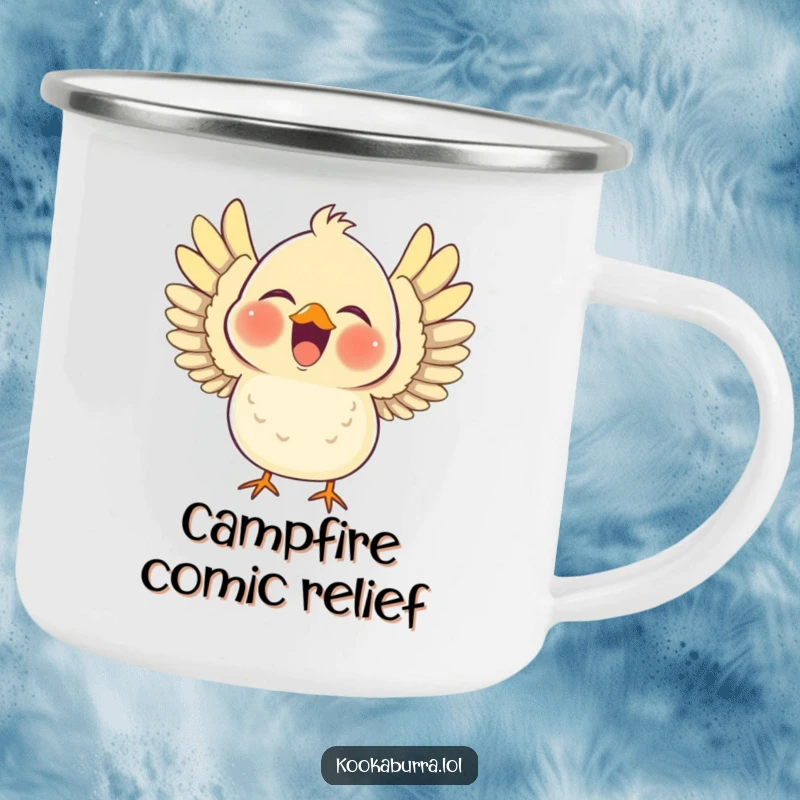 Funny camping mug featuring a chubby bird laughing heartily with its wings outstretched, ideal for enjoying beverages with a humorous touch.