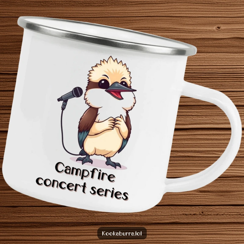 Funny kookaburra camping mug showing a small bird holding a microphone and singing a happy tune, perfect for outdoor music lovers.