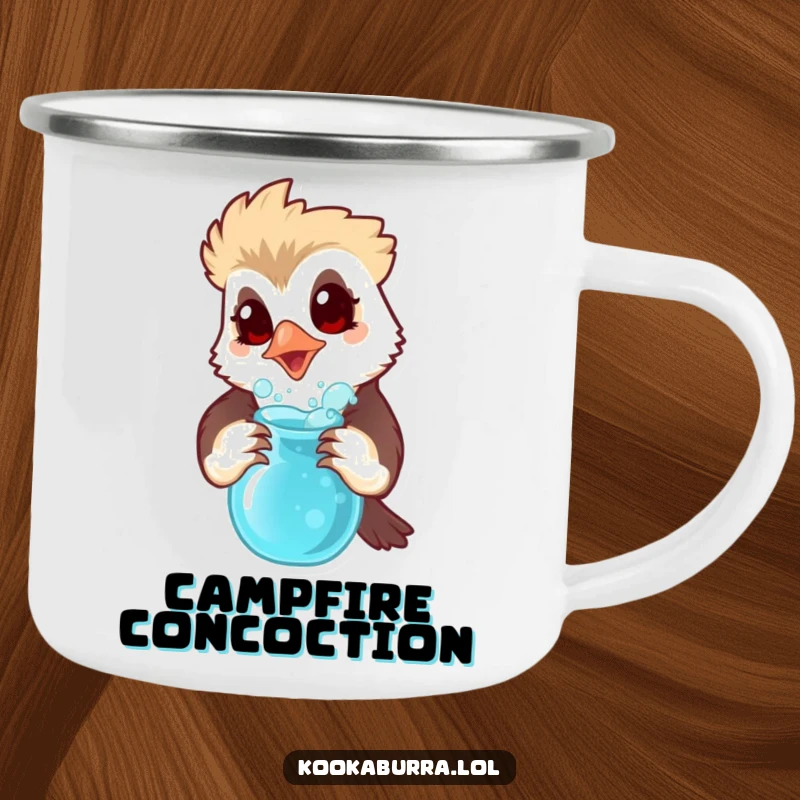 Funny camping mug with a kookaburra looking surprised holding a bubbling potion, perfect for outdoor experiments.