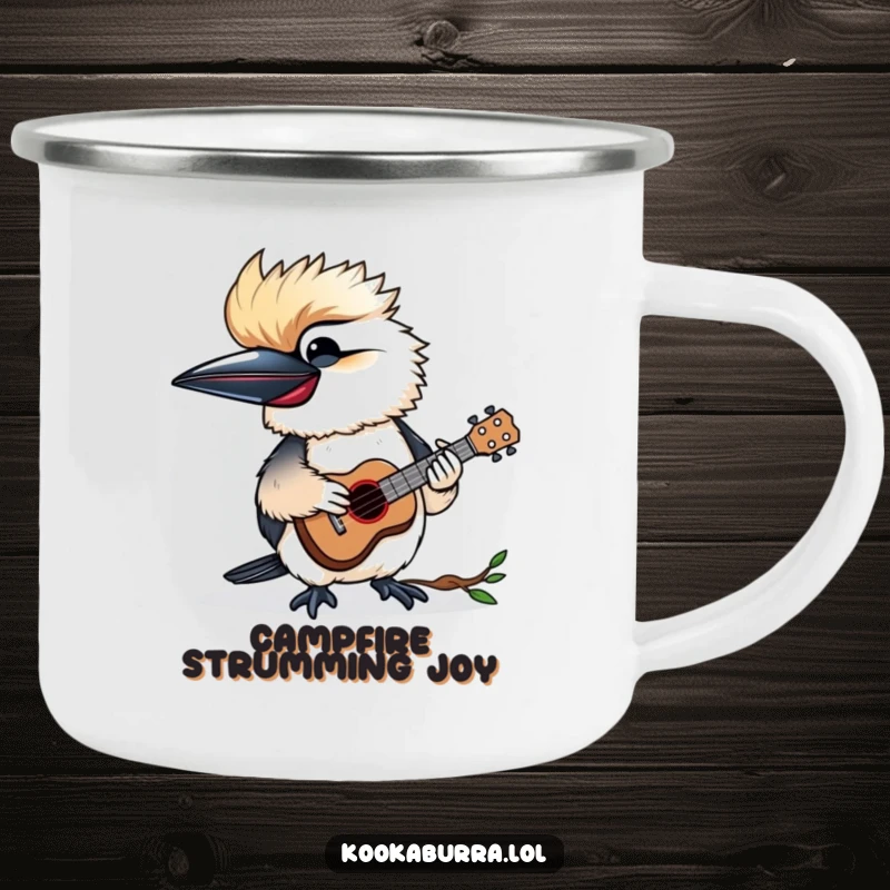 Funny camping mug with a kookaburra happily playing a tiny ukulele, perfect for enjoying music outdoors.
