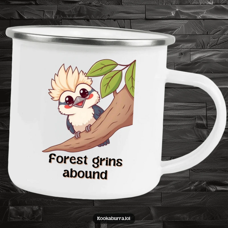 Funny kawaii kookaburra camping mug, peeking from leaves, grinning, cute bird graphic, humorous outdoor cup.
