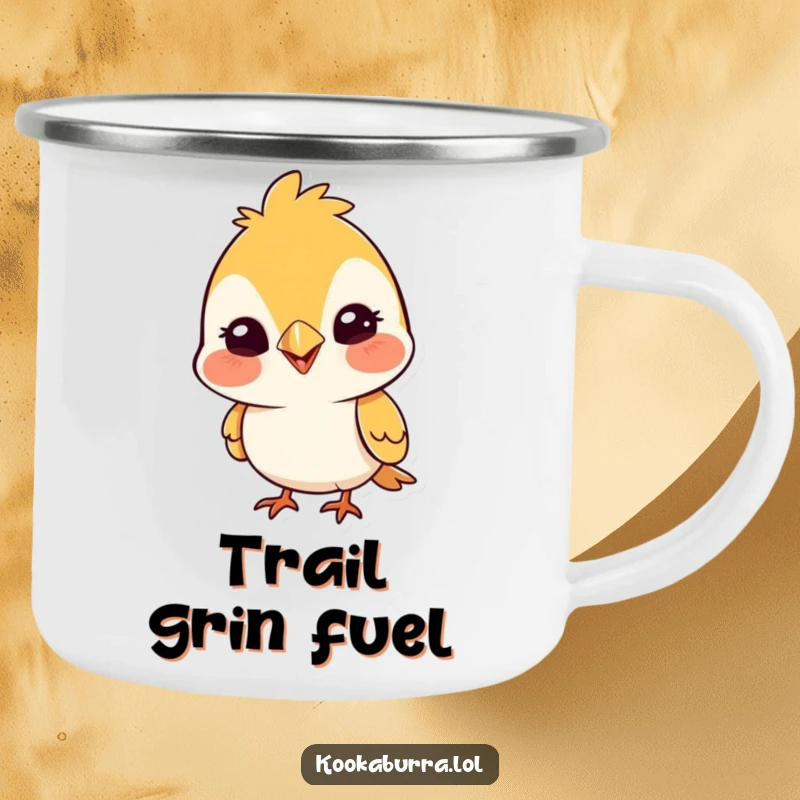 Funny camping mug featuring a cute bird with a wide, silly grin, perfect for enjoying drinks in the great outdoors with humor.