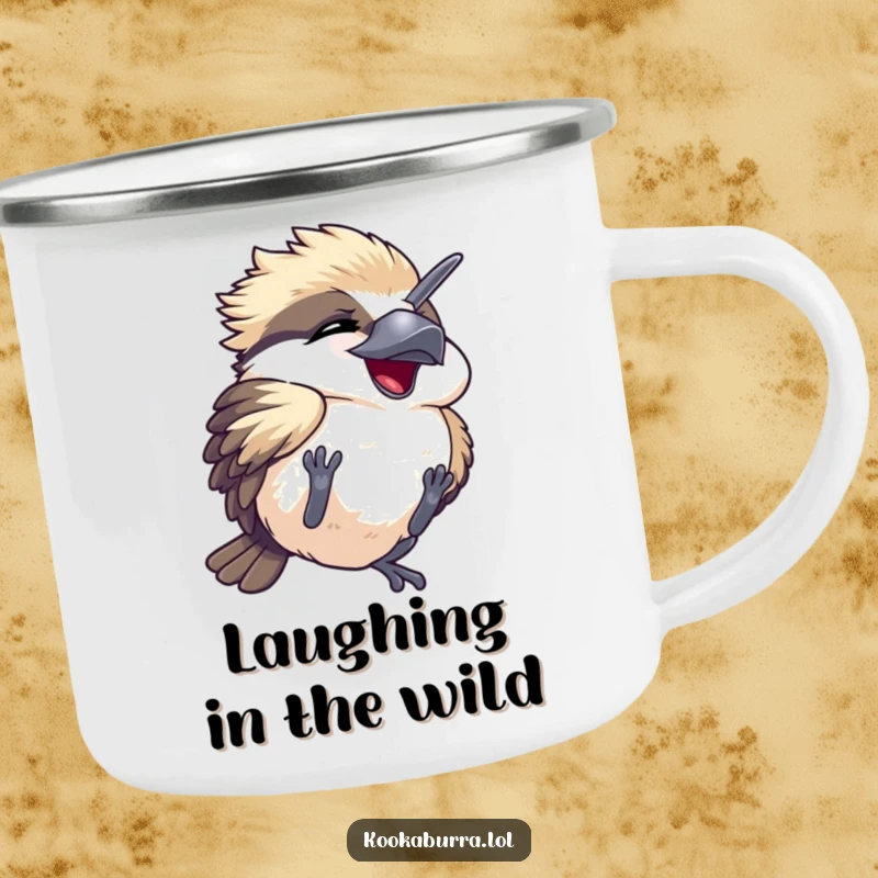 Funny camping mug featuring a kawaii kookaburra tumbling with eyes shut in hilarious mirth, ready for outdoor fun.