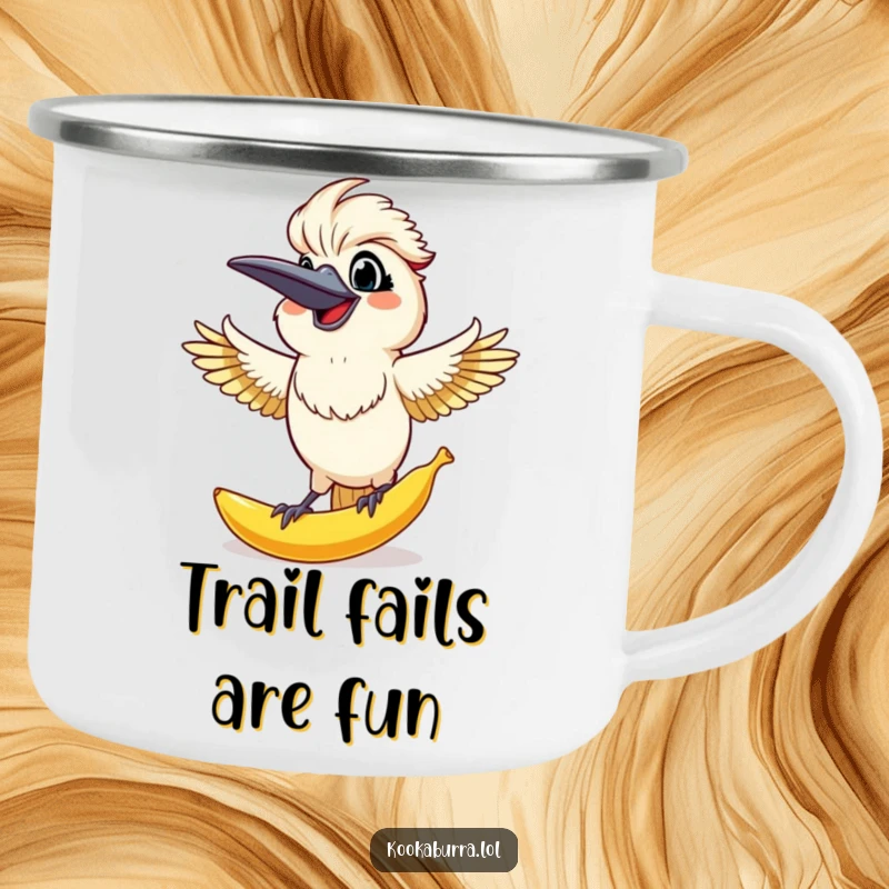 Funny Kookaburra Camping Mug: Surprised kookaburra catches a huge banana peel, perfect for funny outdoor moments.
