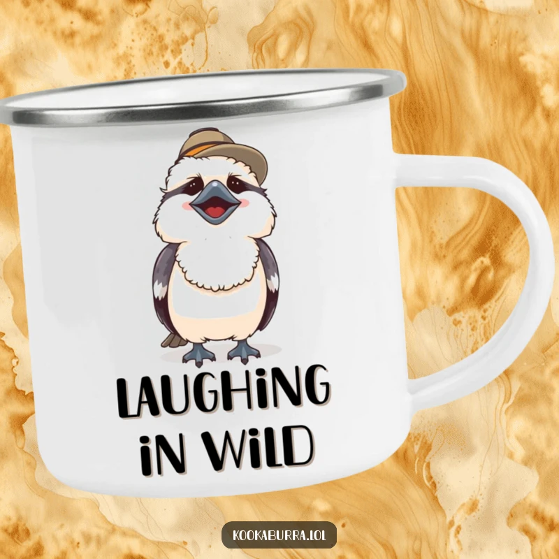 Funny camping mug featuring a cute kookaburra wearing a tiny hat, laughing heartily for adventurous sips.