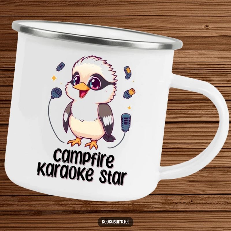 Funny Kookaburra Camping Mug with a kawaii kookaburra juggling microphones, designed for performers and outdoor enthusiasts.