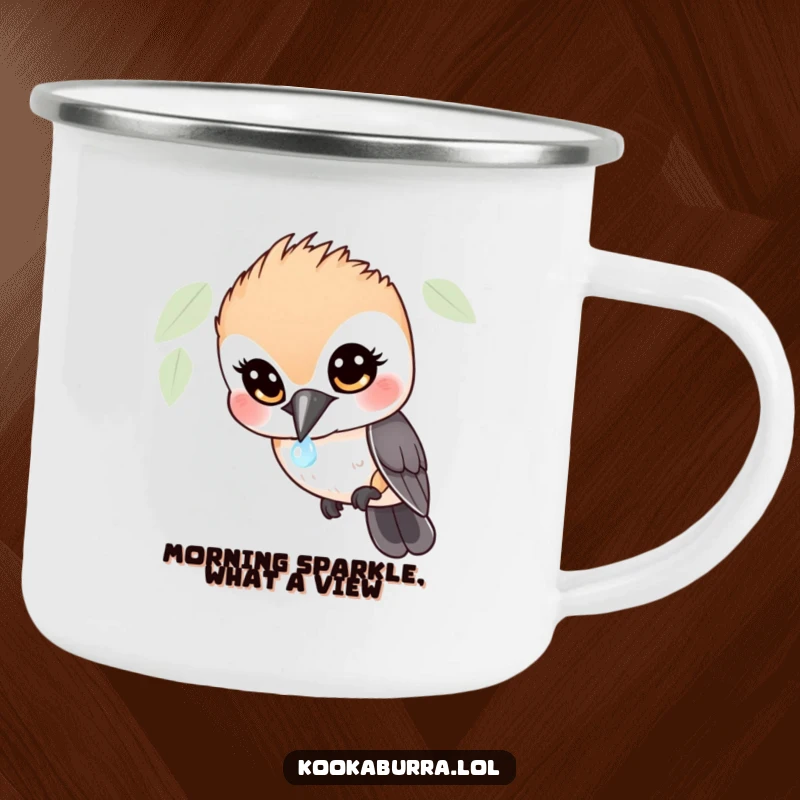 Funny Kookaburra Camping Mug: Durable mug with a wide-eyed bird in hilarious fascination over a sparkling dewdrop, ideal for outdoor adventures.
