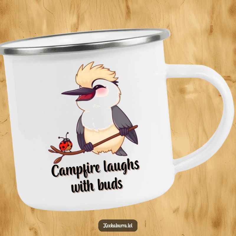 Funny Kookaburra and Ladybug Camping Mug: Durable outdoor mug featuring a kookaburra and ladybug sharing a hilarious laugh, perfect for adventurers.