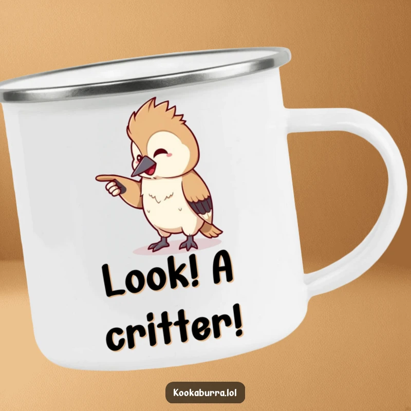 Funny kawaii kookaburra camping mug with a tiny bird pointing off-screen with a chuckle, durable for outdoor use and humorous enjoyment.