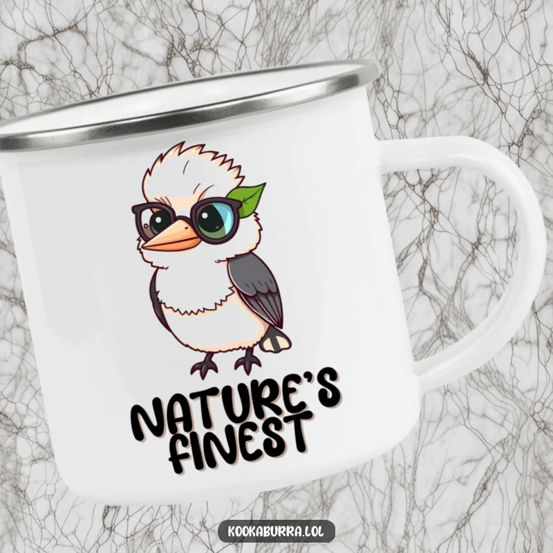 Funny kookaburra comically wearing a leaf as a monocle, a dapper and humorous camping mug.