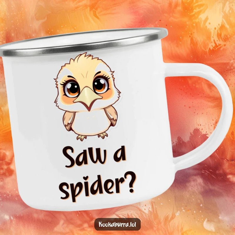 Funny surprised kookaburra camping mug, showing a wide-eyed, astonished bird, ready for outdoor brews and chuckles.