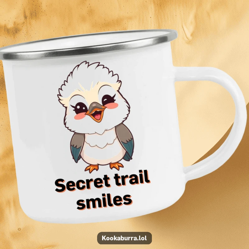 Funny Kawaii Kookaburra camping mug, a cute bird with a playful wink and beaming smile, bringing joy to outdoor moments. A great funny gift.
