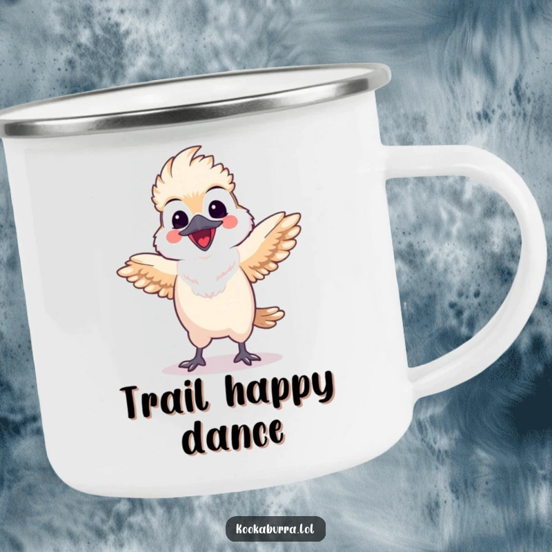 Funny kawaii kookaburra camping mug with a happy bird doing a lively dance with spread wings, durable for outdoor use and humorous enjoyment.
