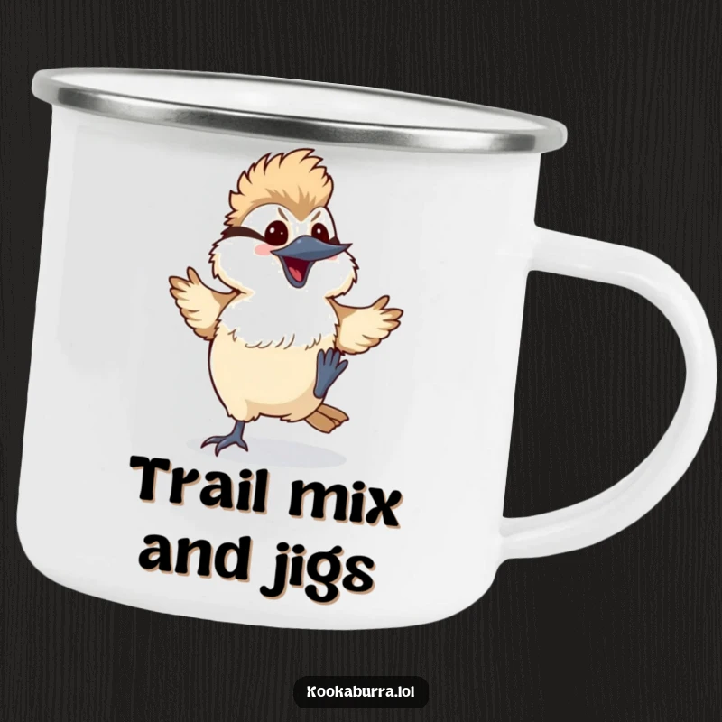 Funny kawaii kookaburra camping mug, a bird doing a silly dance with its feet kicking up, perfect for outdoor, humorous enjoyment.