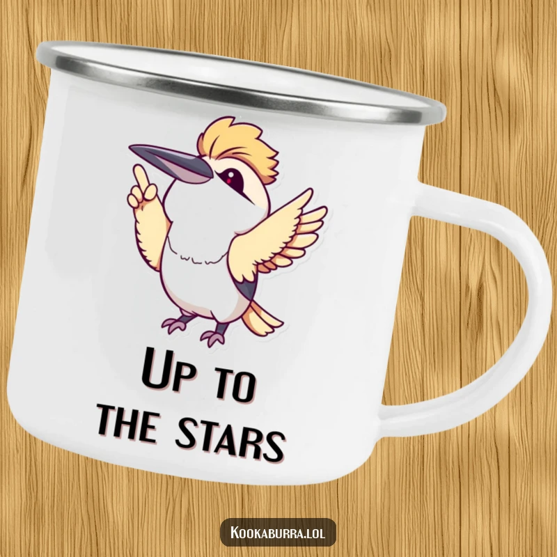 Cute kawaii kookaburra pointing excitedly upwards with its wing, designed for a rugged camping mug, bringing cute humor.