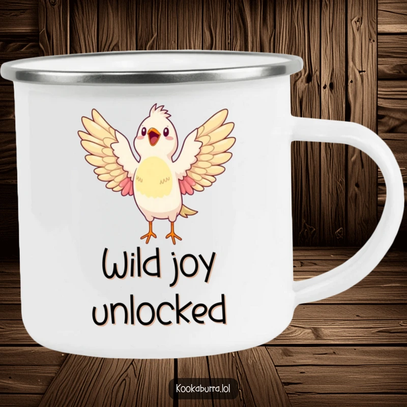 Funny camping mug featuring a bird stretching its wings wide open, bursting with glee, perfect for enjoying drinks with a touch of pure happiness.