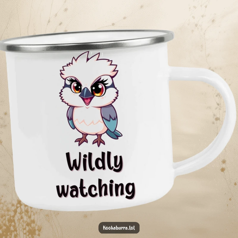 Funny kookaburra camping mug, a bird with one large eye sparkling with mischief, perfect for outdoor brews and laughs.