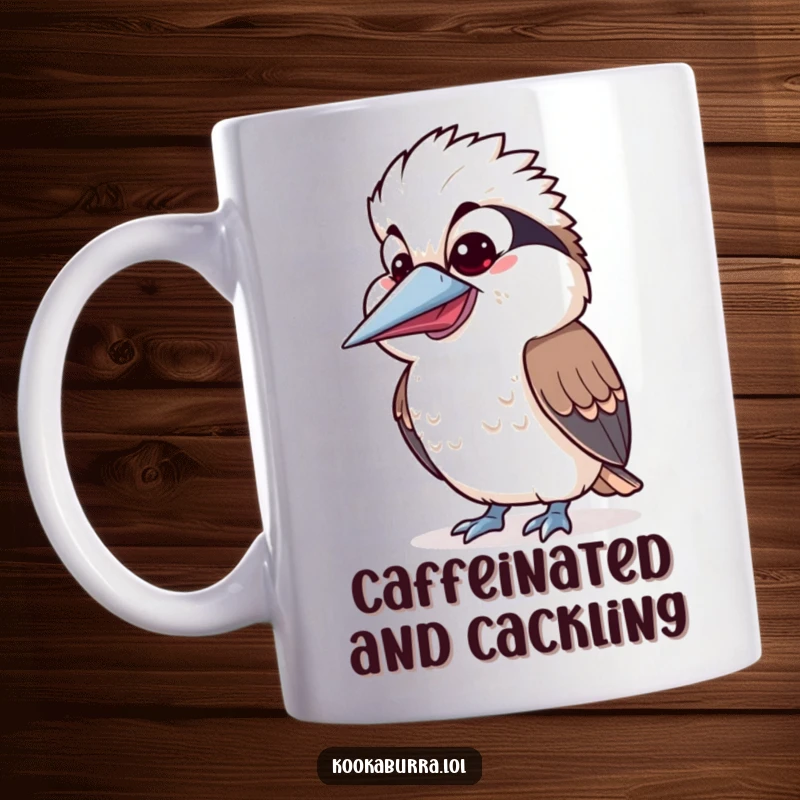 Funny Kawaii Kookaburra mug, featuring a cute bird with a silly expression and wide-open beak, ready to laugh. Great for animal lovers and funny gifts.