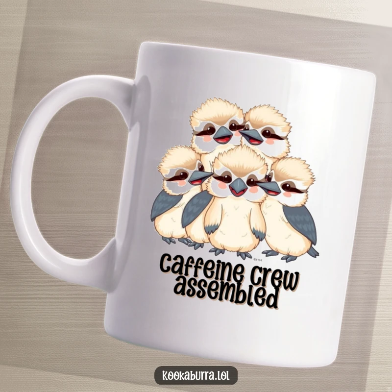 Funny kawaii kookaburra mug featuring a group of smiling, giggling birds huddled together, radiating infectious happiness and humor.
