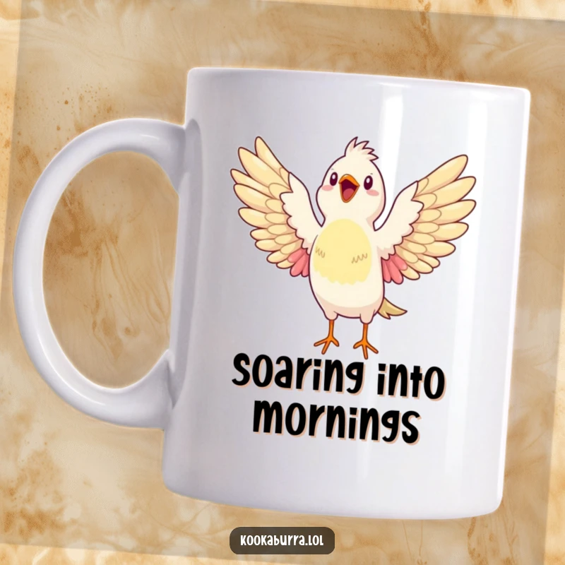 Funny mug featuring a bird stretching its wings wide open, bursting with glee, radiating pure, uninhibited happiness and joyful expression.