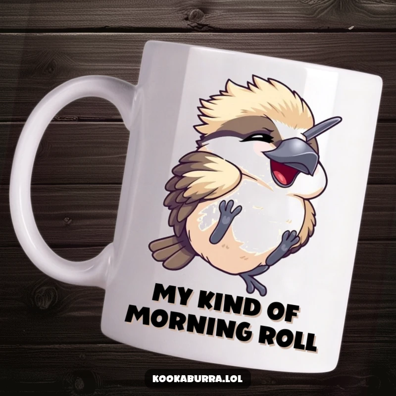 Funny mug featuring a kawaii kookaburra, eyes shut in pure joy while tumbling, looking incredibly happy and silly.