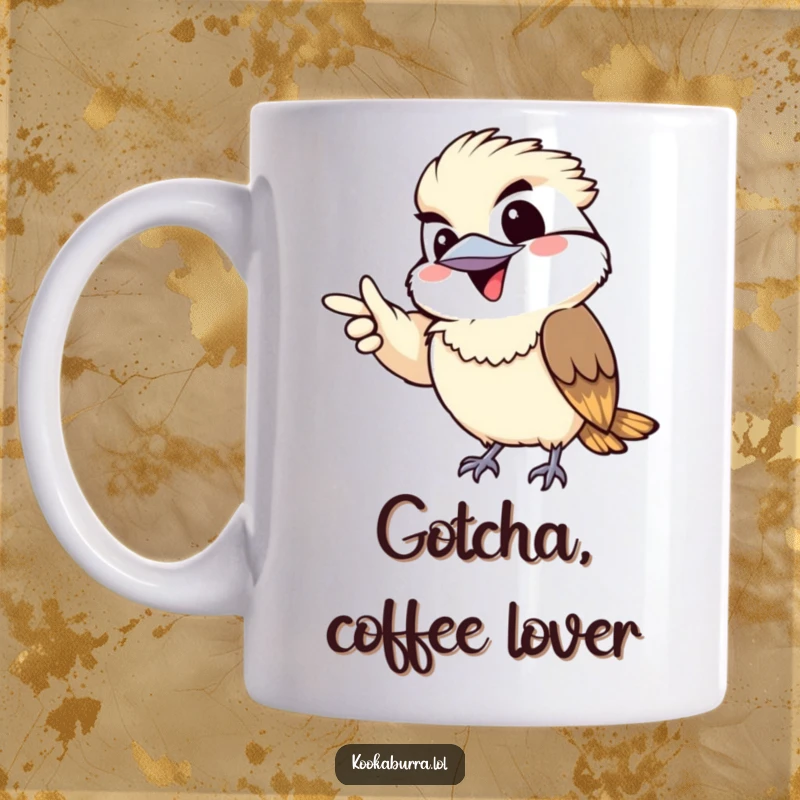 Funny mug featuring a kawaii kookaburra gleefully pointing with a mischievous grin, radiating cheeky humor.