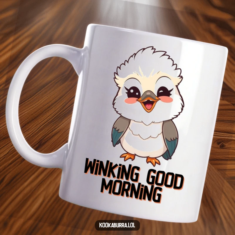 Funny Kawaii Kookaburra mug, a cute bird with a playful wink and a big beaming smile, radiating happiness. Ideal for bird fans and funny gifts.