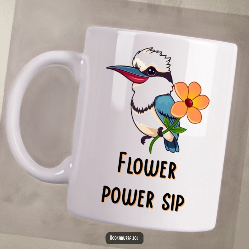 Funny Mug featuring a smiling kookaburra holding out a brightly colored flower, symbolizing friendship and joy.